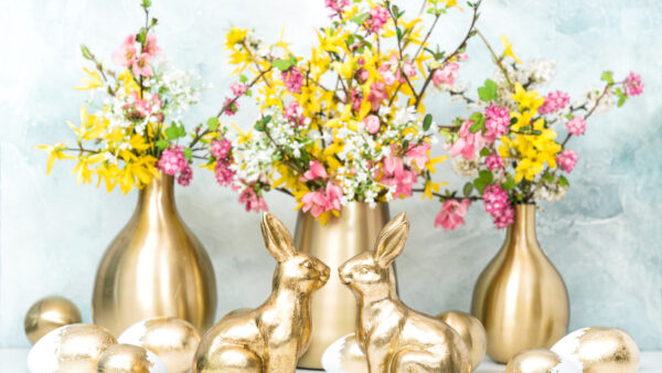 Wallpaper Happy, Mobile, Toys, Desktop, Bunny, Flower, Golden, Vases, Eggs, Easter