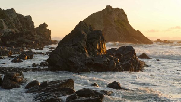 Wallpaper Sunset, Mountain, Nature, Waves, Stones, Ocean, During, Rocks