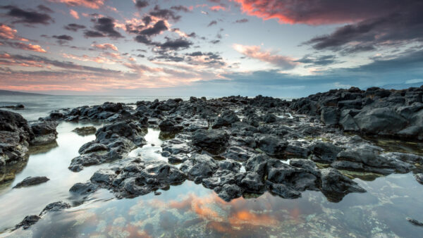 Wallpaper Clouds, Nature, 4k, Sky, Beach, Stones, Mobile