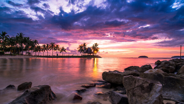 Wallpaper Sunset, Desktop, Body, During, Reflection, Nature, Long, View, Water, Rocks, Mobile, Brown, Trees