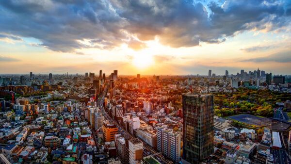 Wallpaper Sunbeam, Buildings, Sky, MacBook, Desktop, Aerial, Cloudy, View, Under, With