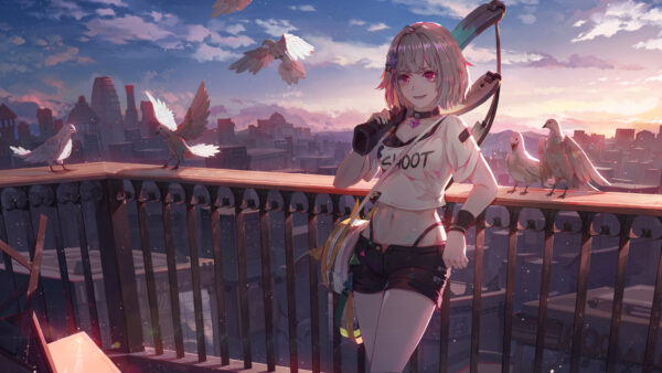 Wallpaper With, Anime, Pink, Birds, Eyes, Girl