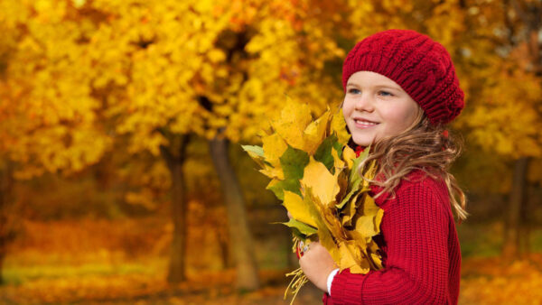 Wallpaper Having, Cute, Sweater, Dry, Smiley, Autumn, Knitted, Trees, Wearing, Hands, Wool, And, Background, Red, Desktop, Leaves, Girl, Cap