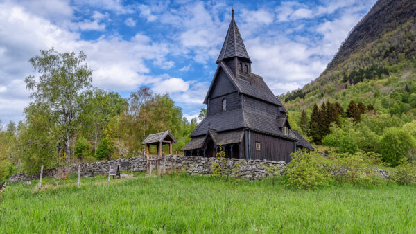 Wallpaper Nature, Desktop, Grass, Mobile, Clouds, Church, Green, Wooden, Background, Mountain, Trees, Under, White, Surrounded, Field, Blue, Sky