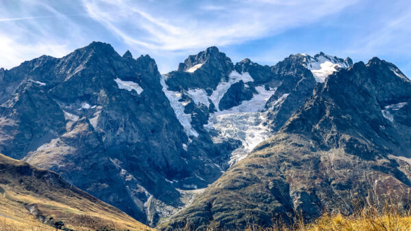 Wallpaper Desktop, Nature, Scenery, Rocks, Covered, Sky, Under, Mobile, Mountains, Snow, Blue, White, Clouds