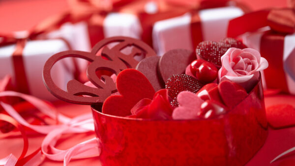 Wallpaper Desktop, Valentine, Pink, Giftbox, Inside, Roses, Glittering, Heart, Red