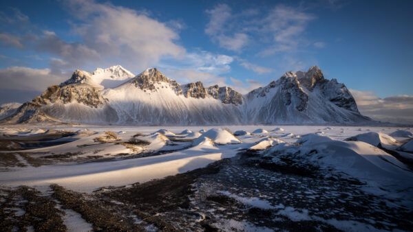 Wallpaper White, Sky, Mobile, Iceland, Covered, Under, Vestrahorn, Mountain, Snow, Desktop, Clouds, Blue