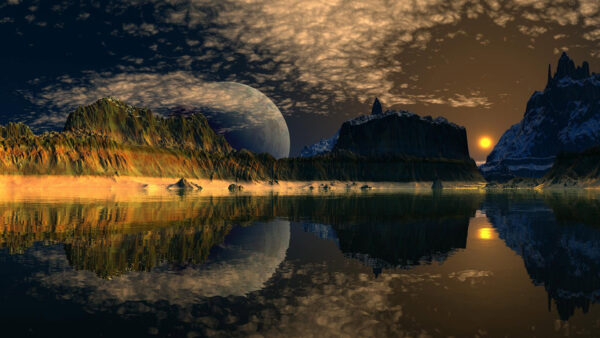 Wallpaper Moon, Mountains, Snow, Greenery, Background, Covered, Reflection, Rocks, Nature, Sky, River