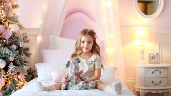 Wallpaper With, Wearing, WALL, Little, Sitting, Background, White, Lights, Cute, Smiley, Girl, Bed, Dress, Doll