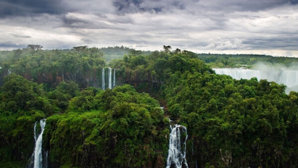 Wallpaper Under, Scenery, Trees, Black, Bing, Bushes, Waterfalls, Sky, Beautiful, White, Green, Clouds