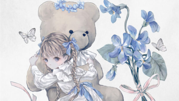 Wallpaper Teddy, Butterfly, Girl, Blue, Bear, White, Flowers, Dress, Anime
