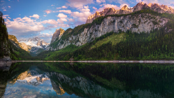 Wallpaper Sky, White, Nature, Lake, Slope, Rock, View, Blue, Landscape, Clouds, Reflection, Under, Trees, Mountains
