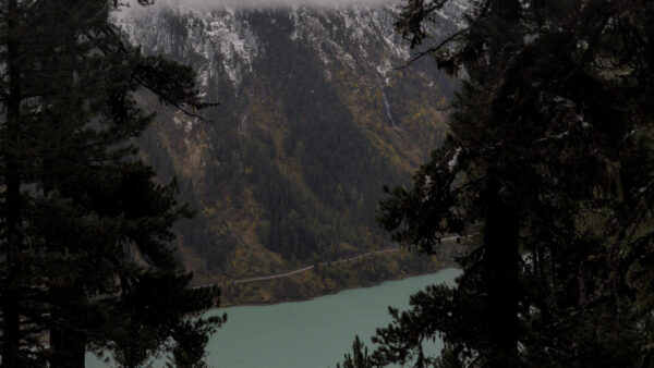 Wallpaper Trees, Mobile, View, Aerial, Bushes, Nature, Rocks, And, With, Slope, River, Desktop, Mountains, Between, Snow, Road, Covered