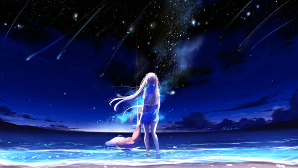 Wallpaper Beach, Night, Girl, Anime