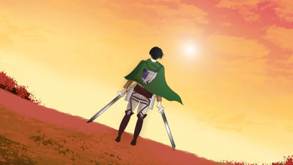 Wallpaper Ackerman, Anime, Sky, Desktop, Swords, Red, Attack, With, Sun, Green, Titan, And, Scard, Levi, Background