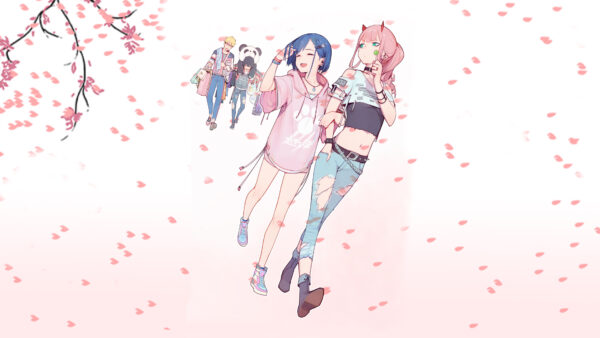 Wallpaper White, Pink, Darling, Patels, The, Patches, Background, Ichigo, Walking, Anime, Zero, With, And, FranXX, Two