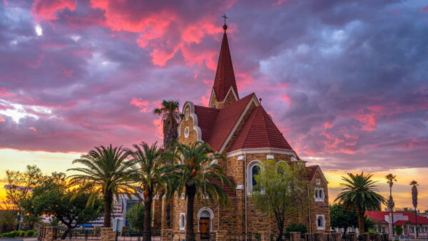 Wallpaper Palm, Sunset, Desktop, Tree, With, Church, Namibia, During, Sky, Under, Travel, Cloudy