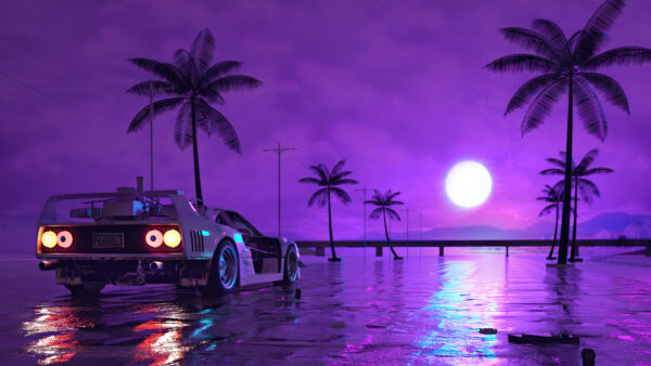 Wallpaper Trees, Moon, Background, White, Vaporwave, Purple, Palm, Car, Sky