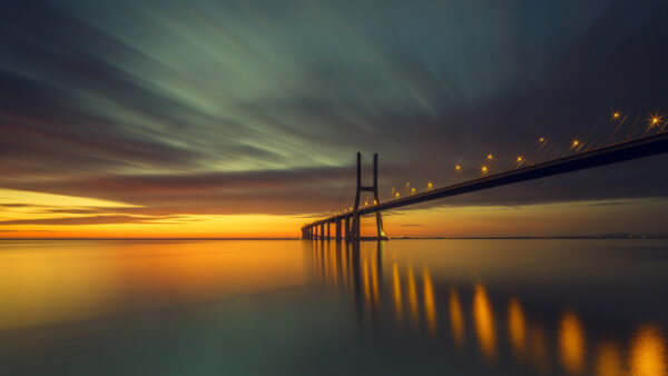 Wallpaper Reflection, Water, Sunset, Lights, Nature, During, Bridge, Vasco, Gama