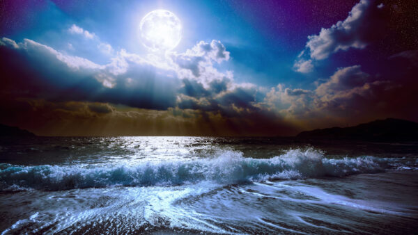 Wallpaper Nighttime, During, Above, Rays, Clouds, Mobile, Desktop, Ocean, Blue, Sky, White, Waves, Moon