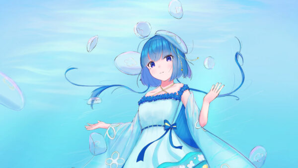 Wallpaper Blue, Eyes, Anime, Hair, Girl, Jellyfish, Water, Dress