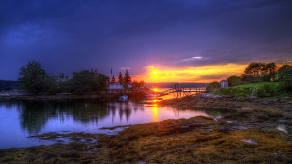 Wallpaper Sunset, During, Water, View, Desktop, Beautiful, Reflection, Mountains, With, Landscape