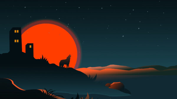 Wallpaper Sky, Starry, Moon, Building, Minimalism, Silhouette, Background, Wolf