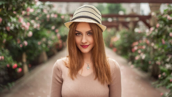 Wallpaper Beautiful, Standing, Girl, Garden, Girls, Light, Brown, And, Model, Wearing, Background, Hat, Dress, Blur