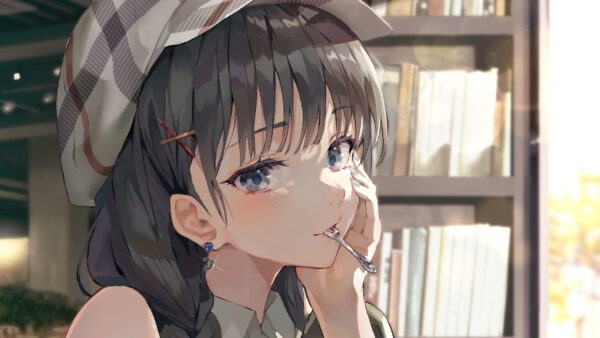 Wallpaper Hat, With, Girl, Bookshelves, Sitting, Cute, Blue, Anime, Background, Eyes