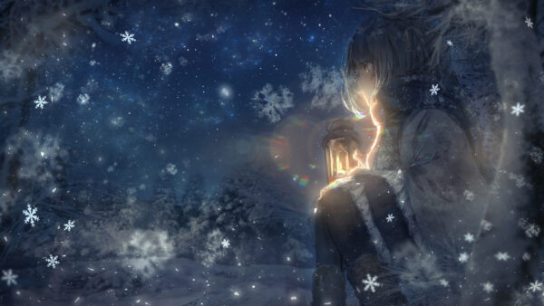 Wallpaper Lantern, And, During, Desktop, Girl, Snowflake, With, White, Nighttime