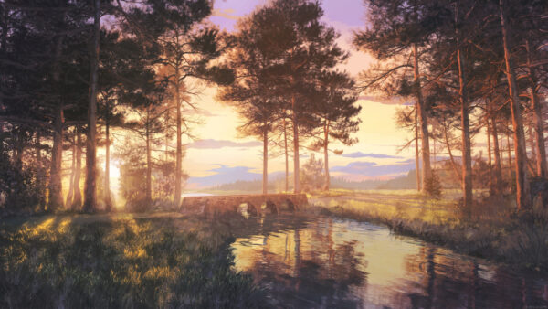 Wallpaper Anime, River, Background, Bridge, Reflection, Trees, Grass, Green