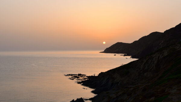 Wallpaper Sunset, Moon, During, Coast, Desktop, Mobile, Sea, Background, Rocks, Silhouette, Nature