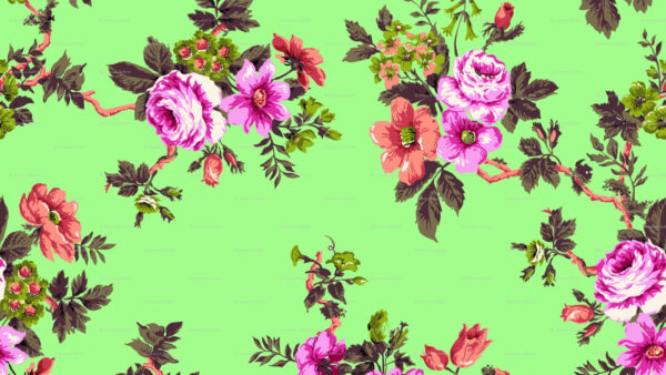 Wallpaper Desktop, Spoonflower, Leaves, Green, Colorful, With, Flowers, Background