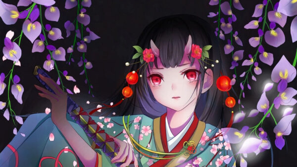 Wallpaper Purple, Anime, Flowers, Eyes, Red, Girl, Leaves