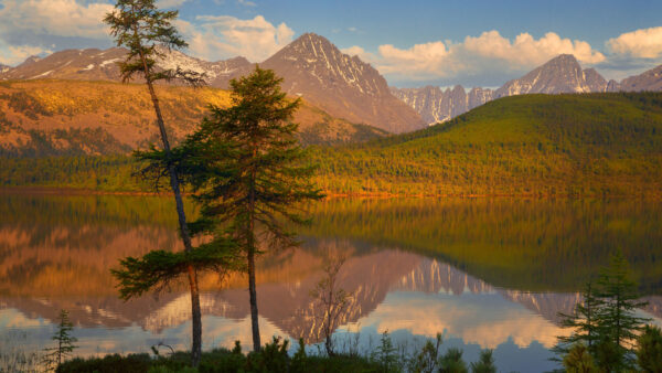 Wallpaper Nature, White, Reflection, Blue, And, Clouds, View, Sky, Lake, Mountains, Landscape, Rock, Greenery, Snow, Background, Covered