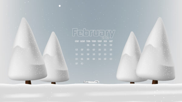 Wallpaper Calendar, Sky, Snow, Winter, February, Trees, Background