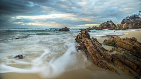 Wallpaper Rocks, Sky, Beach, Stones, Nature, Sand, Coast, Waves, Sea, Blue, Under, Trees, Ocean