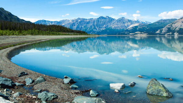 Wallpaper Reflection, Forest, Sky, Background, Desktop, Landscape, View, Stones, Water, Mobile, Blue, Green, Trees, Mountains, Nature