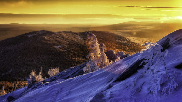 Wallpaper Desktop, Covered, Yellow, Snow, Mountain, Sky, During, Nature, And, Sunset