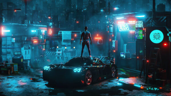 Wallpaper Night, Cyber, Car, Black, Vaporwave, Standing, Boy