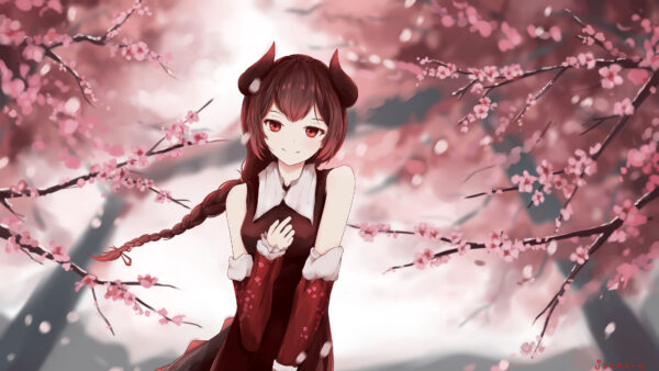 Wallpaper Dress, Eyes, Sakura, Flowers, Girl, Background, Redhead, Red, Anime