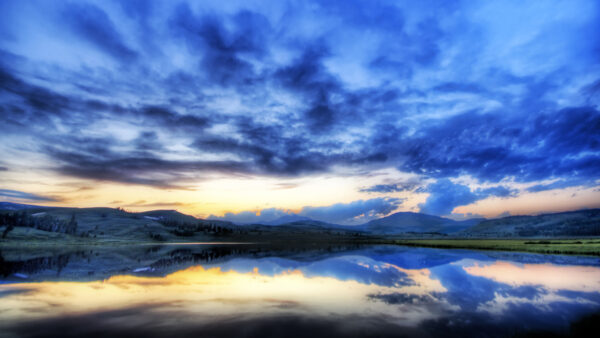 Wallpaper Above, Calm, Sky, Water, Landscape, View, Beautiful, Blue, Reflection, Cloudy, With, Body, Mountains, And