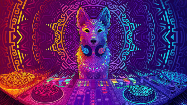 Wallpaper Abstraction, Colorful, Psychedelic, Wolf, Headphones, Trippy