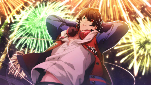Wallpaper Red, Anime, Eyes, Boy, Colorful, Fireworks, Headphones, With, Green, Background