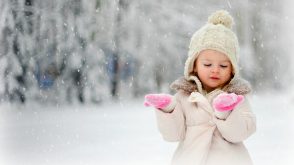 Wallpaper Snow, Falling, Woolen, Standing, Girl, Knitted, Overcoat, Cap, Cute, Background, And, Wearing, Little