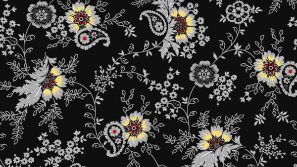 Wallpaper Illustration, Yellow, Paisley, Red, White, Floral