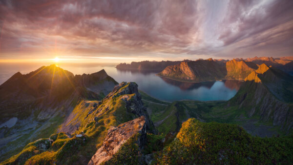 Wallpaper During, Rock, Nature, Under, Sky, Black, Covered, Mountains, Blue, Clouds, Algae, Sunrise, River