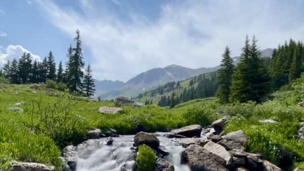 Wallpaper Stream, Daytime, Background, Blue, Rocks, Bushes, Clouds, Trees, Under, Water, Stones, Nature, Sky, Scenery, Mountains, During, White, Green