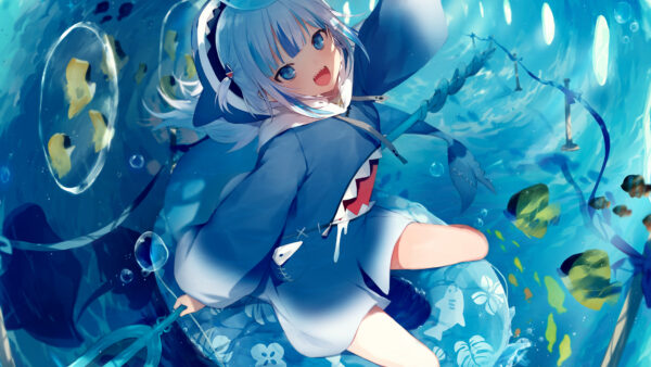 Wallpaper Anime, Underwater, Hair, Girl, Blue, White, Eyes