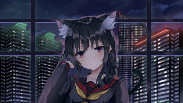 Wallpaper Neko, Building, Standing, Ears, Anime, With, Background, Girl